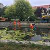 Stala und AWH sind mit großem Gewerk und Maschinen am Springbrunnen Schützenstraße/Ecke Breiter Weg im Einsatz. Dabei werden Unmengen von Müll aus dem Brunnenbecken geholt und das angesammelte Regenwasser abgepumpt.