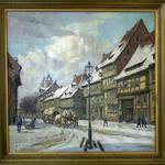 Der „Gemm des Monats“ Dezember: Die Gröperstraße im Winter. Blick in Richtung Moritzkirche mit der Gaststätte 'Zur Sonne', Walter Gemm, Öl auf Leinwand, 1955