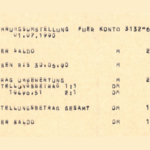 Kontoauszug vom 1. Juli 1990 mit Feststellung des Umtauschkurses zur Währungsunion von DDR-Mark auf DM